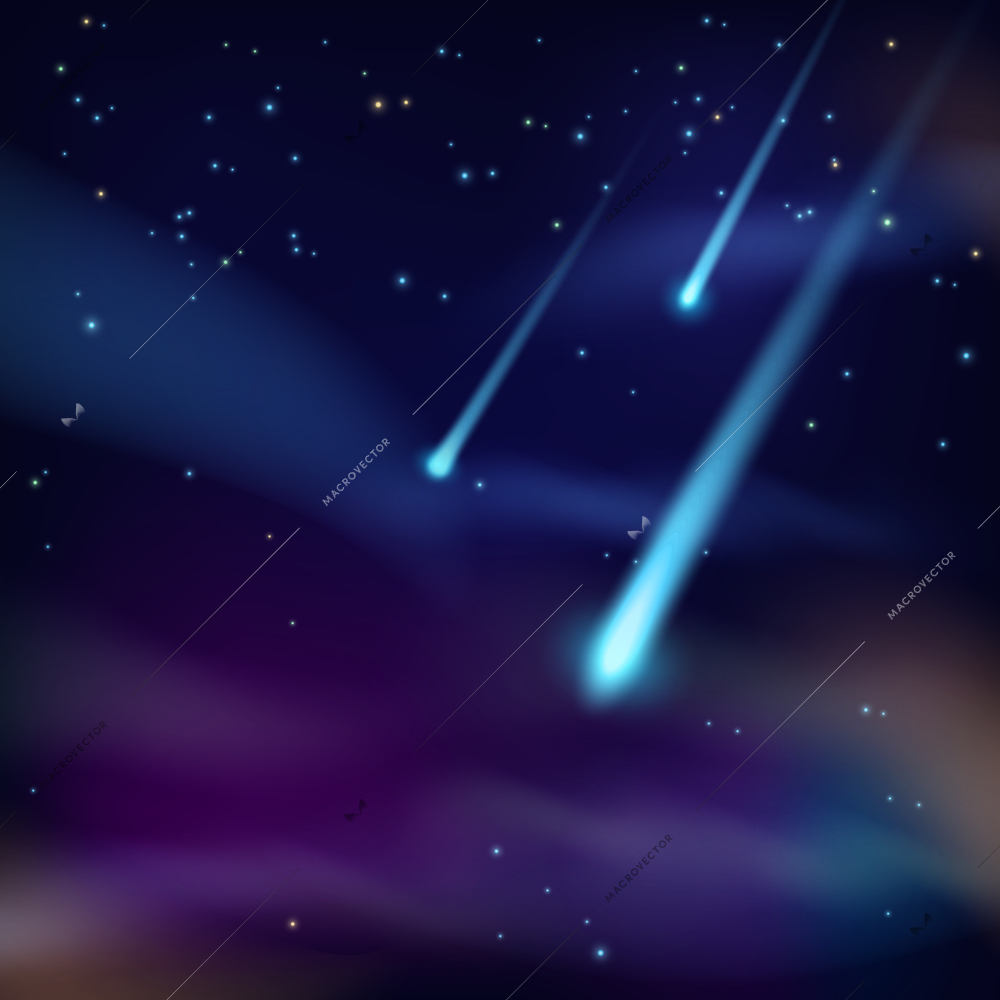 Night sky with twinkling stars and flying comets on dark background vector illustration