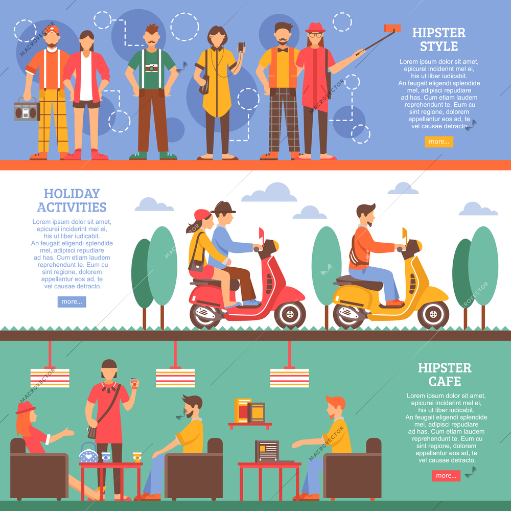 Hipster people horizontal banners with holiday activities cafe meeting and clothes style compositions flat vector illustration