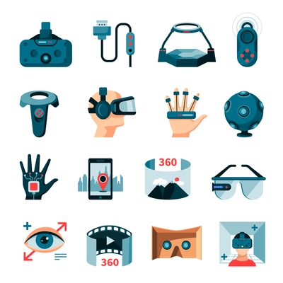 Virtual 360 degree augmented reality symbols gadgets and accessories flat icons set with 3d glasses isolated vector illustration