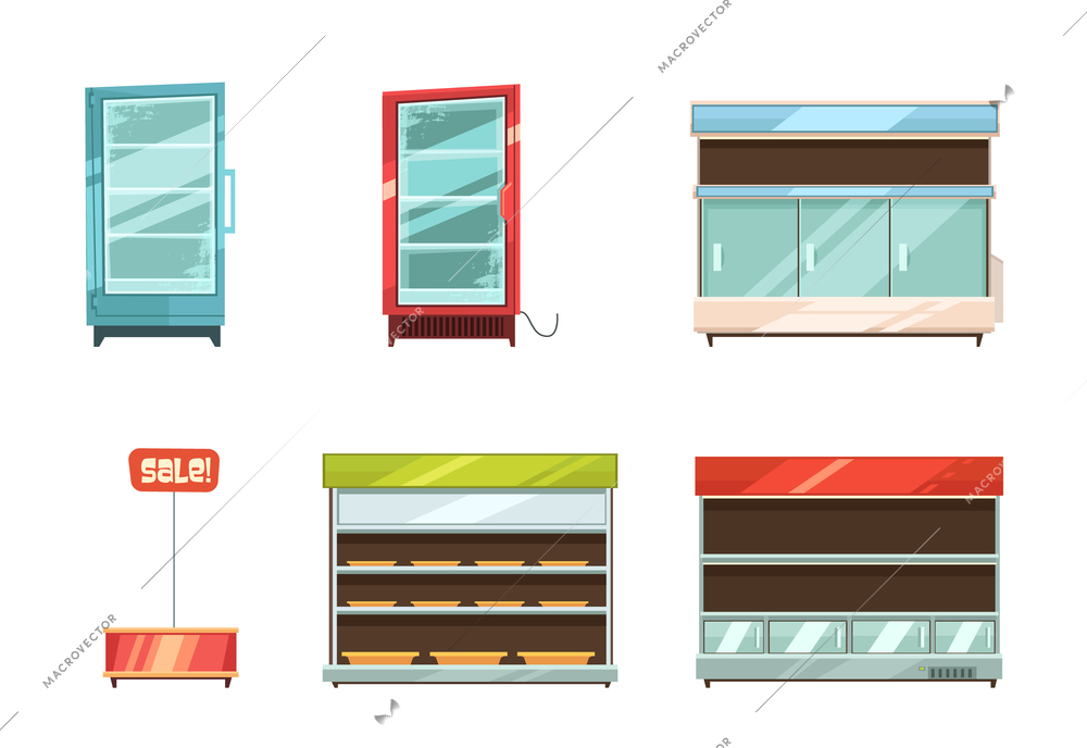 Supermarket and grocery stories display racks aisle refrigerator and sale stand retro cartoon icons collection isolated vector illustration