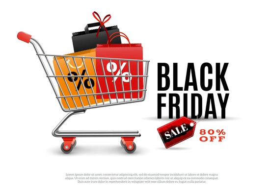 Black friday sale poster with shopping cart and bags for clothing isolated vector illustration