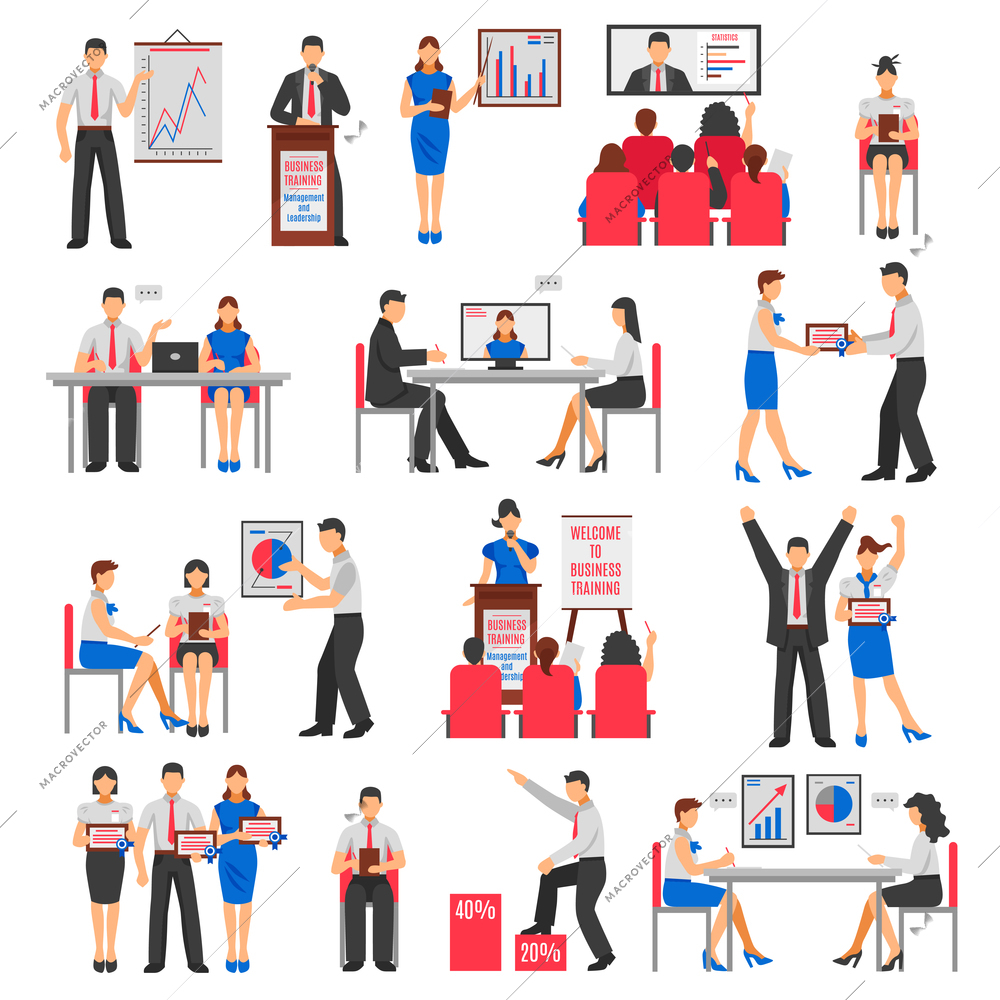 Business training set with consulting service briefing conference coaching seminar and employee development isolated vector illustration