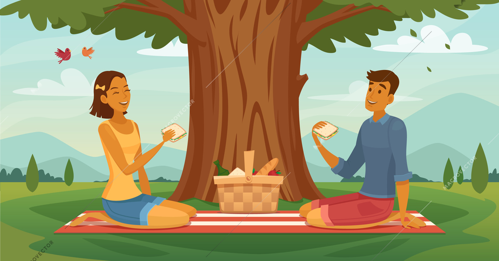 Sunny afternoon outdoor picnic together retro cartoon poster with young romantic couple lunching under tree vector illustration