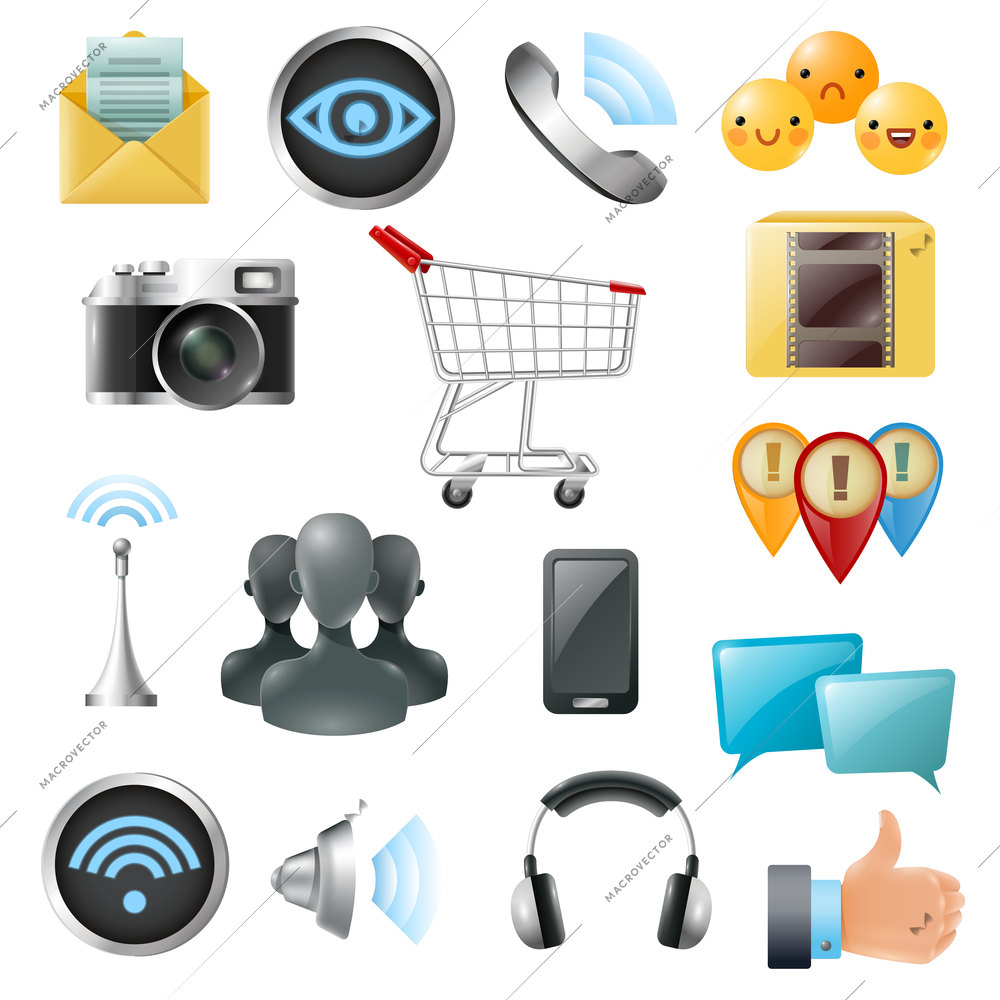 Social media symbols accessories equipment gleaming  icons collection with headphone cell phone like and emoji isolated vector illustration