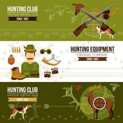 Hunting horizontal banners with hunter boots horn binoculars guns grenade bullets and animals vector illustration