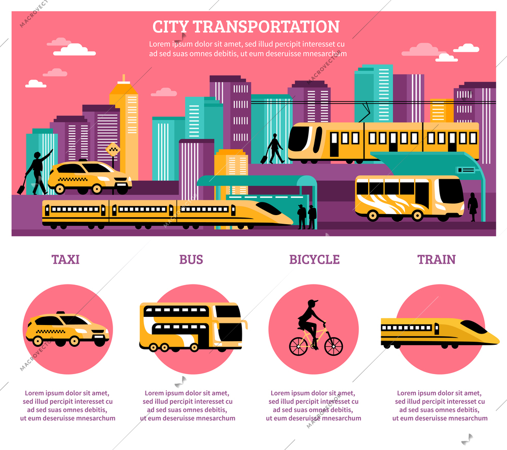 City transportation infographics layout with statistic information about different kinds of   transport so as taxi bus train and bicycle flat vector illustration
