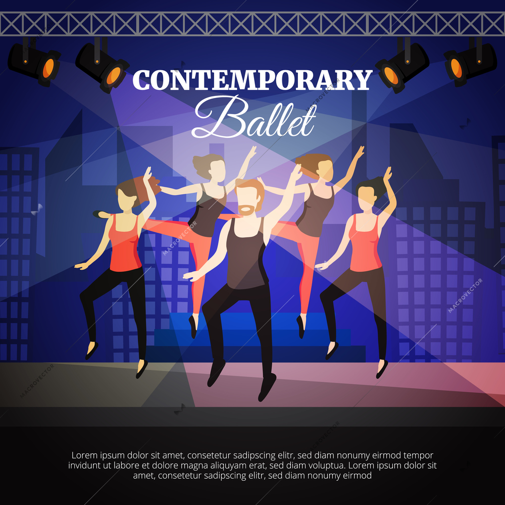 Contemporary ballet poster with dancing people and stage flat vector illustration