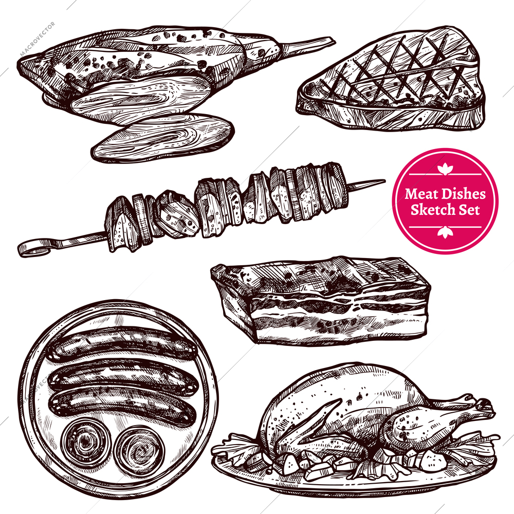 Meat dishes set with sausages wurst steak chicken barbecue beef in sketch style isolated vector illustration