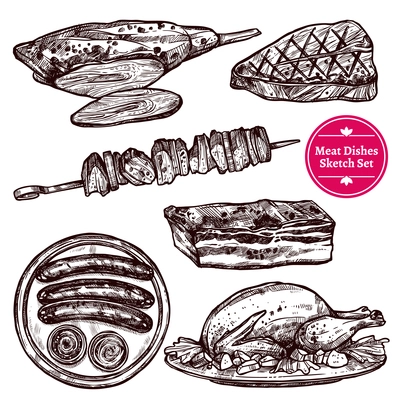 Meat dishes set with sausages wurst steak chicken barbecue beef in sketch style isolated vector illustration