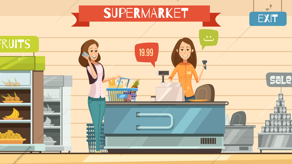 Supermarket store cashier and customer with grocery basket at cash register retro cartoon poster vector illustration