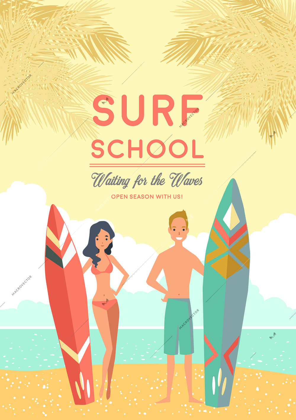 Surf school summer poster with surfboards and teens waiting for waves at calm sea background flat vector illustration