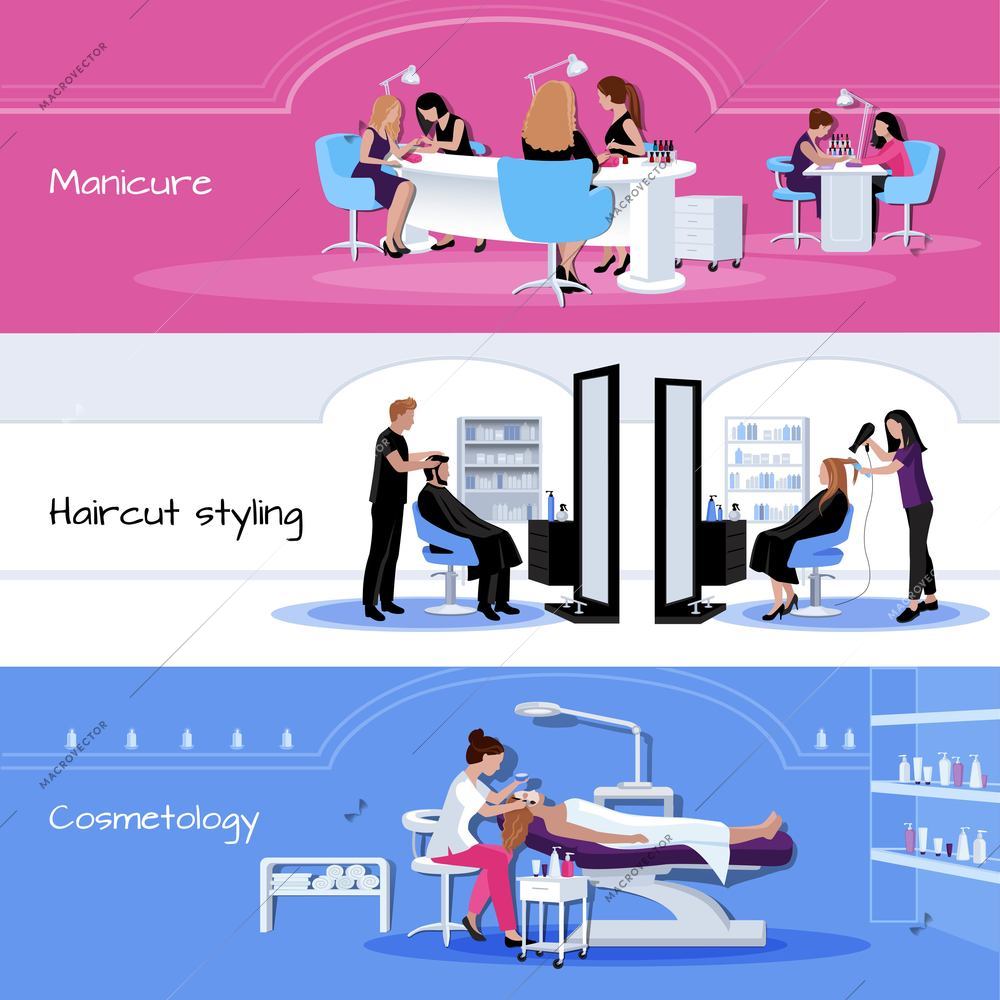 Beauty salon service horizontal banners with customers and workers in different situations in flat style isolated vector illustration