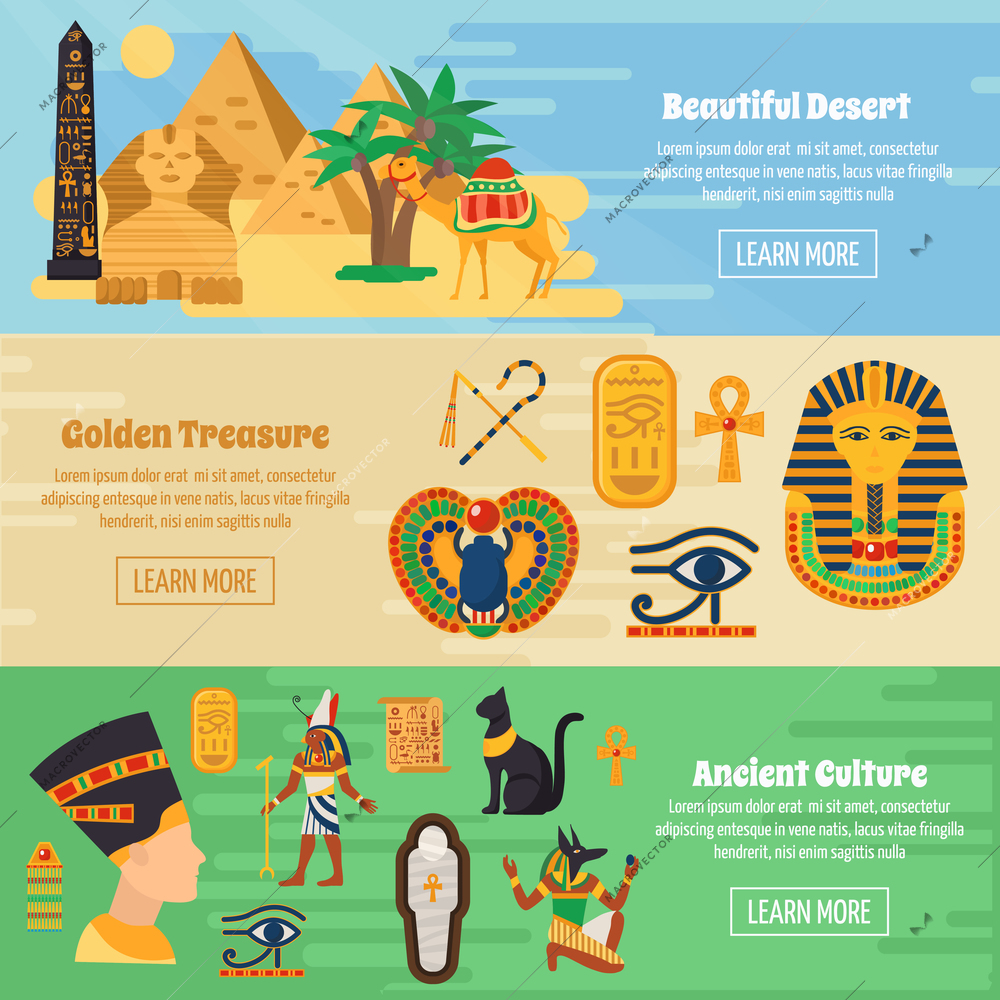 Egypt horizontal banners set with golden treasure symbols flat isolated vector illustration