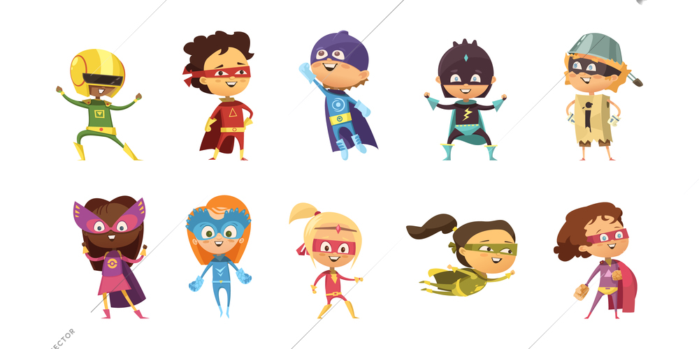 Kids wearing colorful costumes of different superheroes retro set isolated on white background cartoon vector illustration