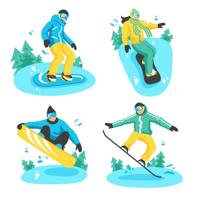 Four colored design compositions with people on snowboard in different poses riding from snowy mountain top flat vector illustration