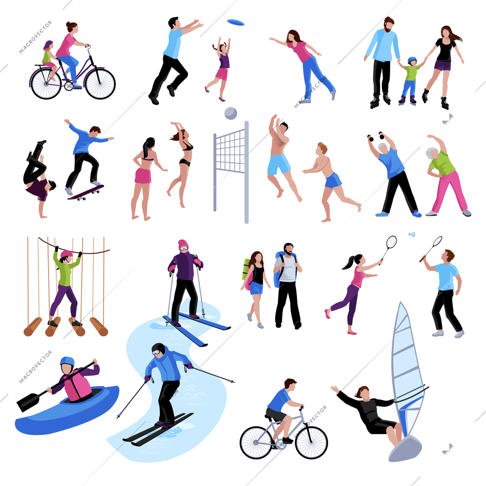 Active leisure people icons set of different sports summer and winter games in flat style isolated vector illustration