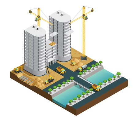 Construction process of many storeyed modern building near canal composition on white background isometric vector illustration