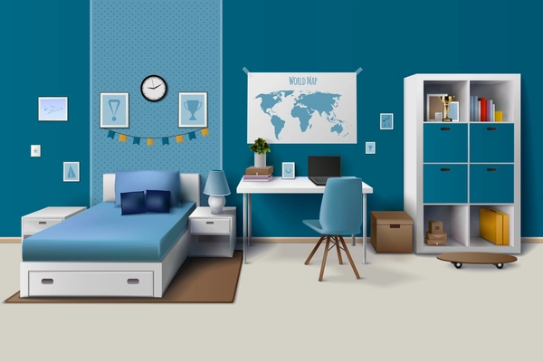 Teen boy room interior design with trendy workspace for homework cupboard and bed in blue realistic vector illustration.