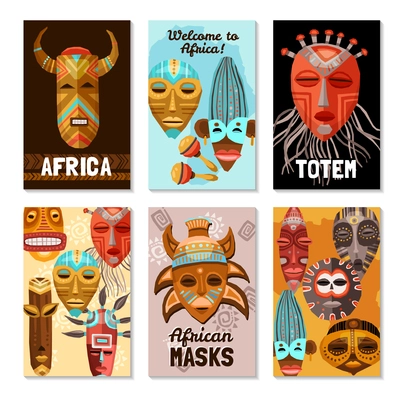 Six flat colorful cards with various african ethnic tribal ritual masks and totems isolated on white background vector illustration