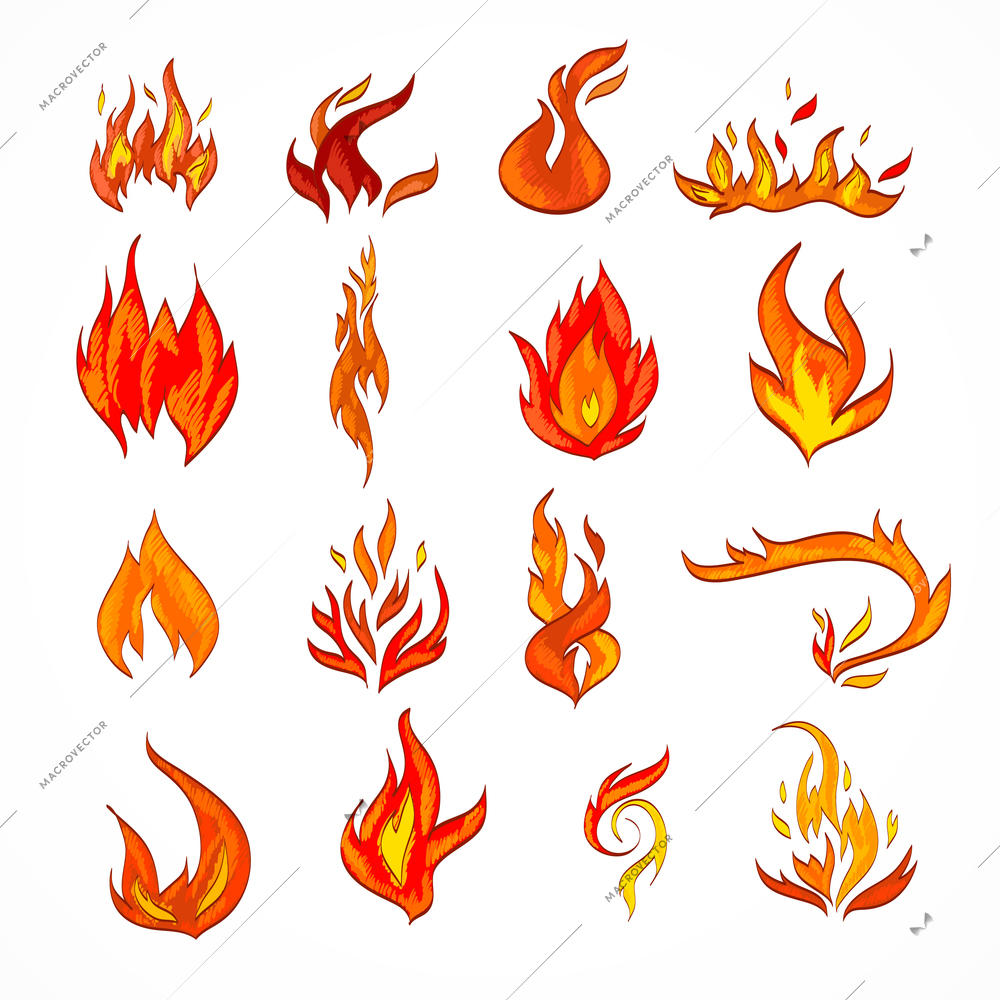 Fire flame burn flare decorative icons set isolated vector illustration