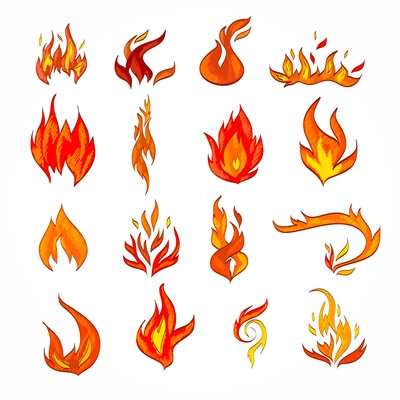 Fire flame burn flare decorative icons set isolated vector illustration