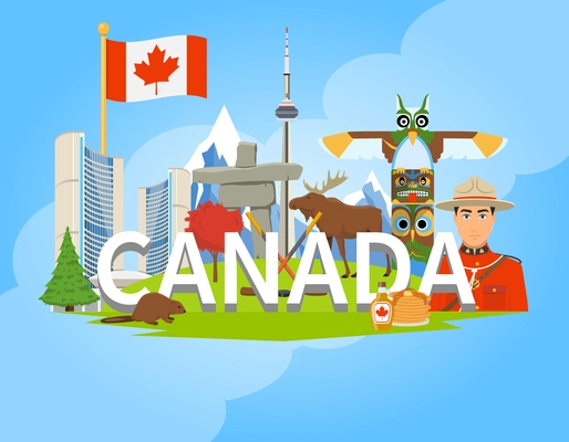 Canadian national cultural symbols landmarks and places of interest for tourists flat composition background poster vector illustration