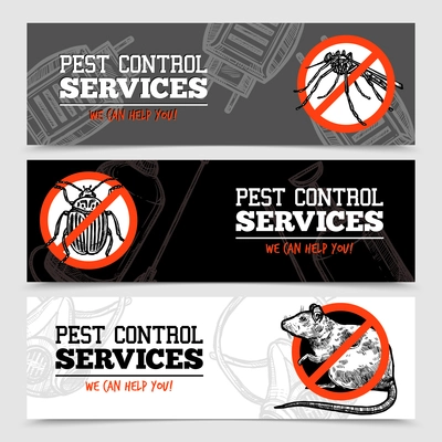 Pest control service horizontal sketch banners with insects and rodent isolated vector illustration