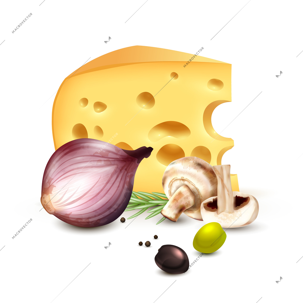 Chunk of cheese with red onion champignons rosemary and olives realistic mediterranean culinary background poster vector illustration