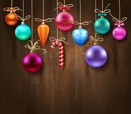 Festive decorative Christmas template with hanging colorful balls on wooden background vector illustration