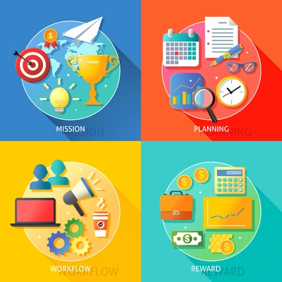 Business success steps of mission planning workflow and reward symbols vector illustration