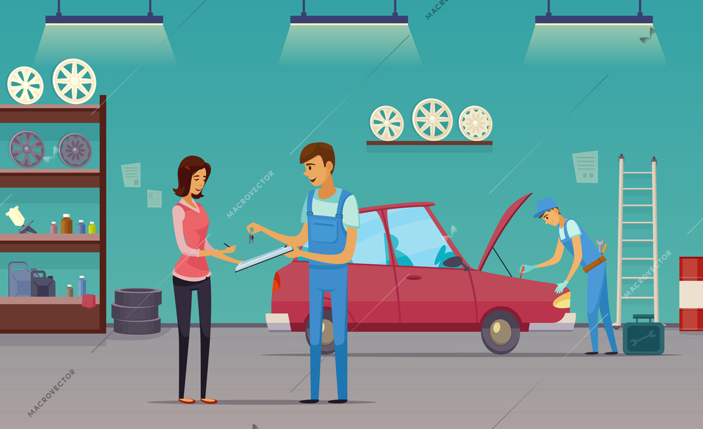 Auto repair shop service workers fixing car and billing customer retro cartoon indoor composition poster vector illustration
