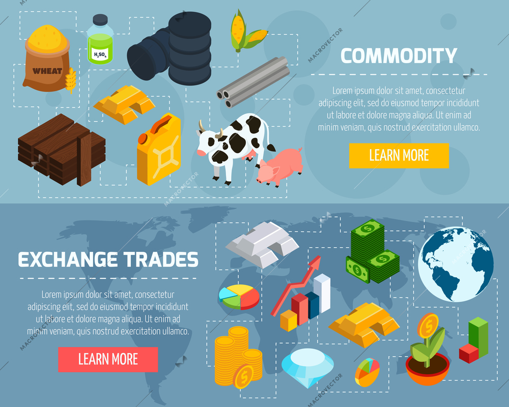 Commodity horizontal banners set with exchange trade symbols isometric isolated vector illustration