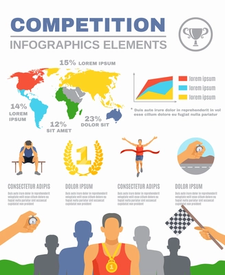 Sports competition infographics with world map diagrams winner gold wreath stopwatch and challenge vector illustration