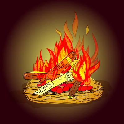 Colorful hot fiery camp fire with stack of wood and stones sketch print vector illustration