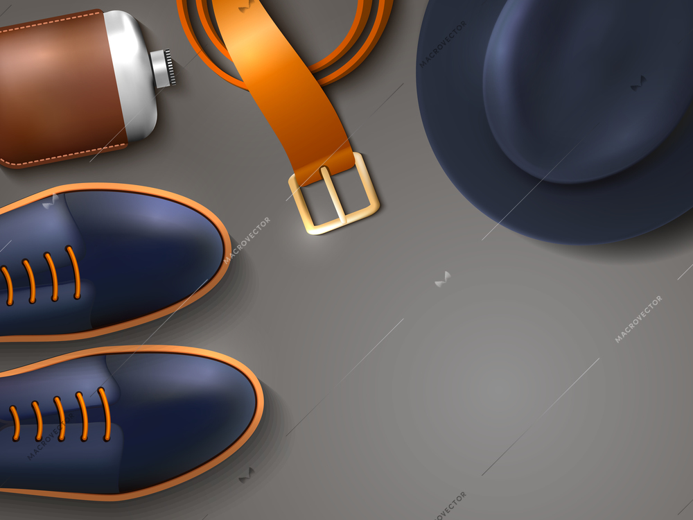 Men fashion concept with belt hat bottle and shoes cartoon isolated vector illustration