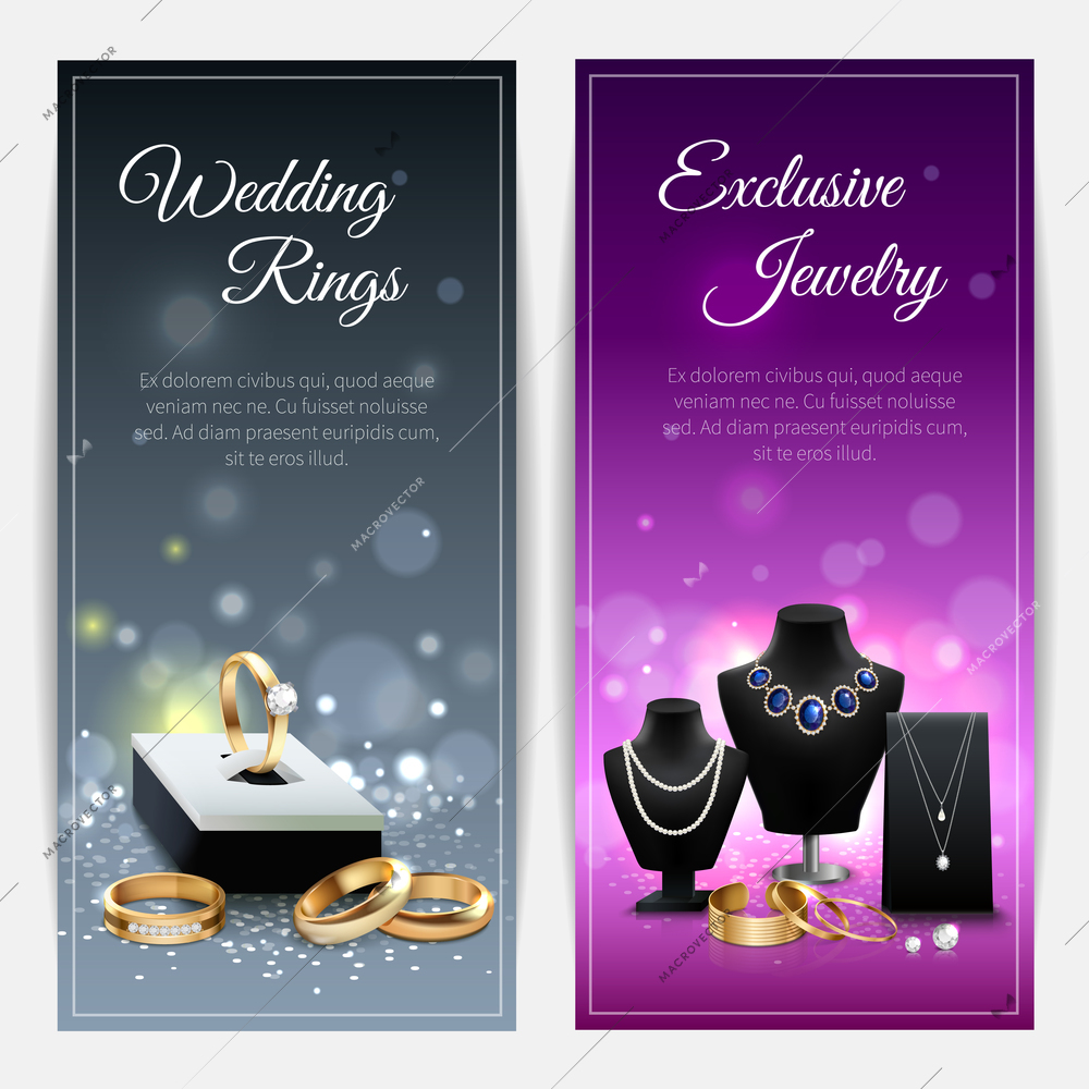 Vertical grey and purple realistic banners with wedding rings and exclusive jewelry isolated vector illustration