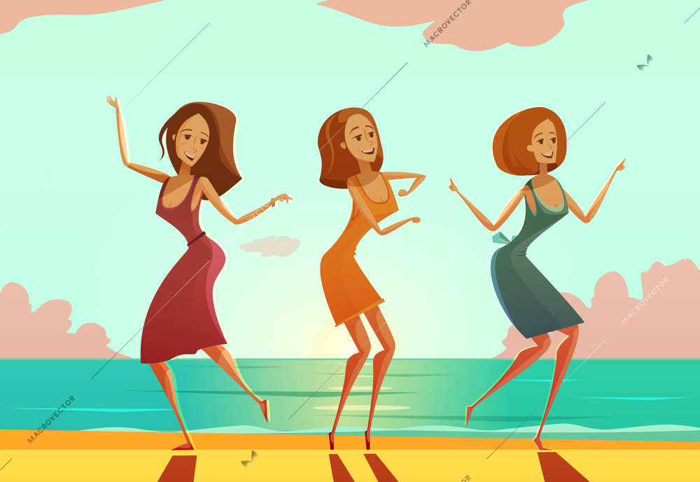 Three young women dancing on sand beach cartoon vacation poster with sunset and ocean background vector illustration