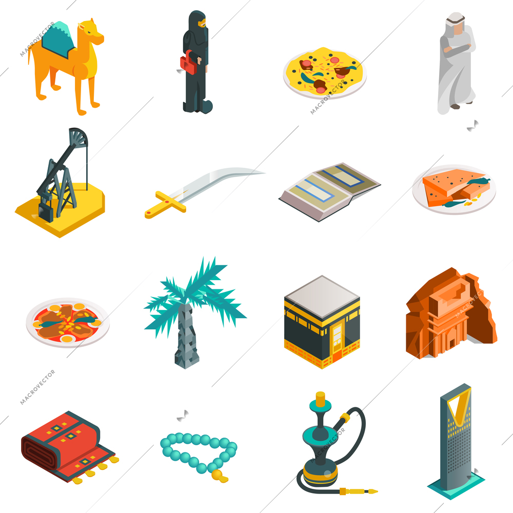 Saudi Arabia isometric touristic icons set with main arabian sights and elements in flat style vector illustration