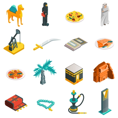 Saudi Arabia isometric touristic icons set with main arabian sights and elements in flat style vector illustration