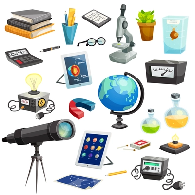 Science elements cartoon set of colorful school and scientific objects and equipment isolated vector illustration