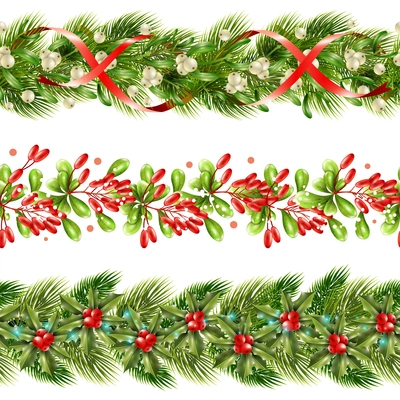 Flat border seamless pattern set with christmas holiday winter berries and ribbons vector illustration