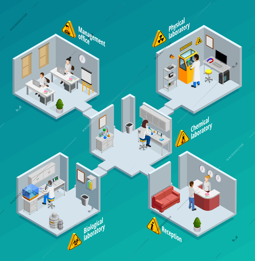 Laboratory concept with physical chemical and biological laboratories isometric vector illustration