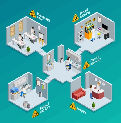 Laboratory concept with physical chemical and biological laboratories isometric vector illustration