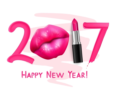 Winter 2017 trendy red tint lipstick new year greeting poster with beautiful full lips advertisement vector illustration