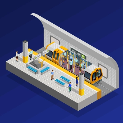 Underground station isometric concept with train and people on blue background vector illustration