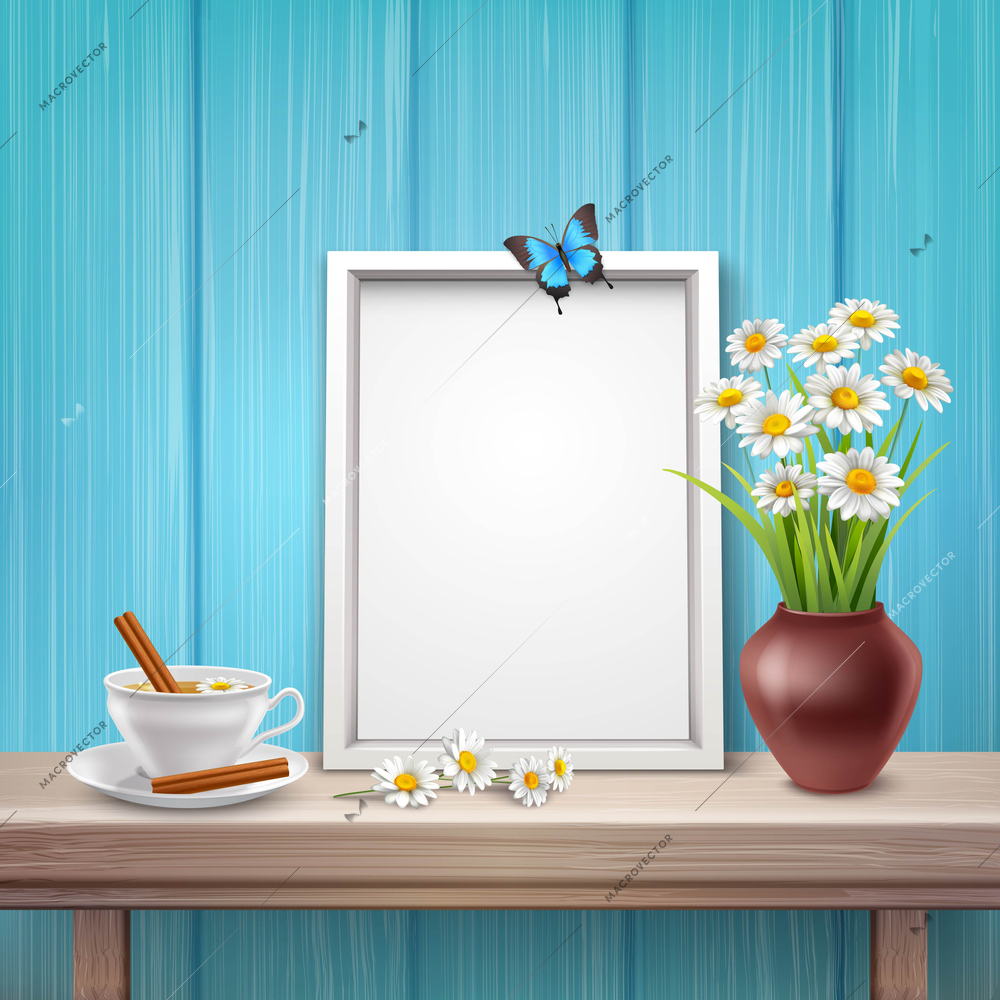 Light frame mockup with cup vase flowers and butterfly in realistic style vector illustration