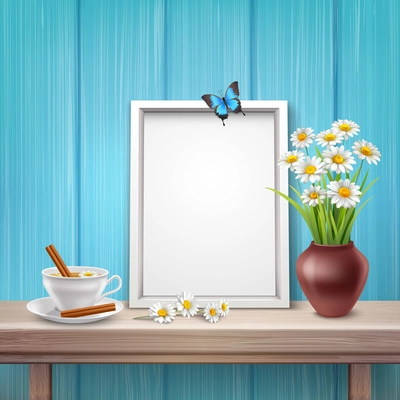 Light frame mockup with cup vase flowers and butterfly in realistic style vector illustration