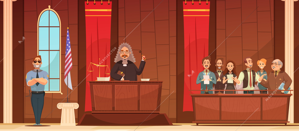 American court of law judicial legal proceedings in courthouse with judge   and jury box retro poster vector illustration