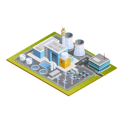 Isometric image of one block nuclear station with production centre conversion block  transformers pipes and office vector illustration