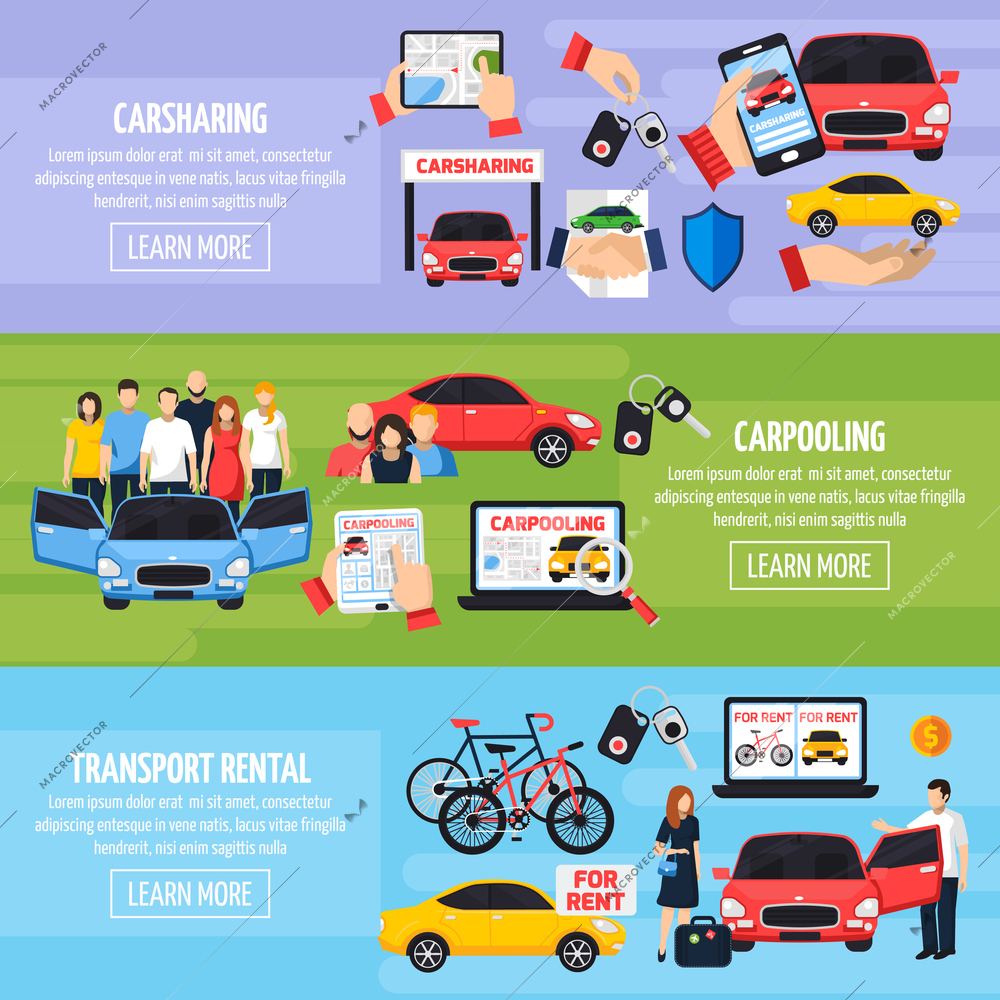 Carsharing horizontal banners set with carpooling symbols flat isolated vector illustration